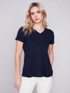 Charlie B C1231XPK Linen V- Neck T-Shirt SS24